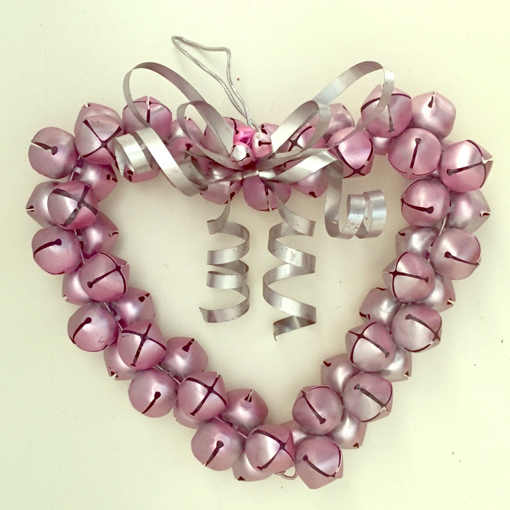 Pink Metal Jingle Bell Wreath w/Silver Coiled Bow